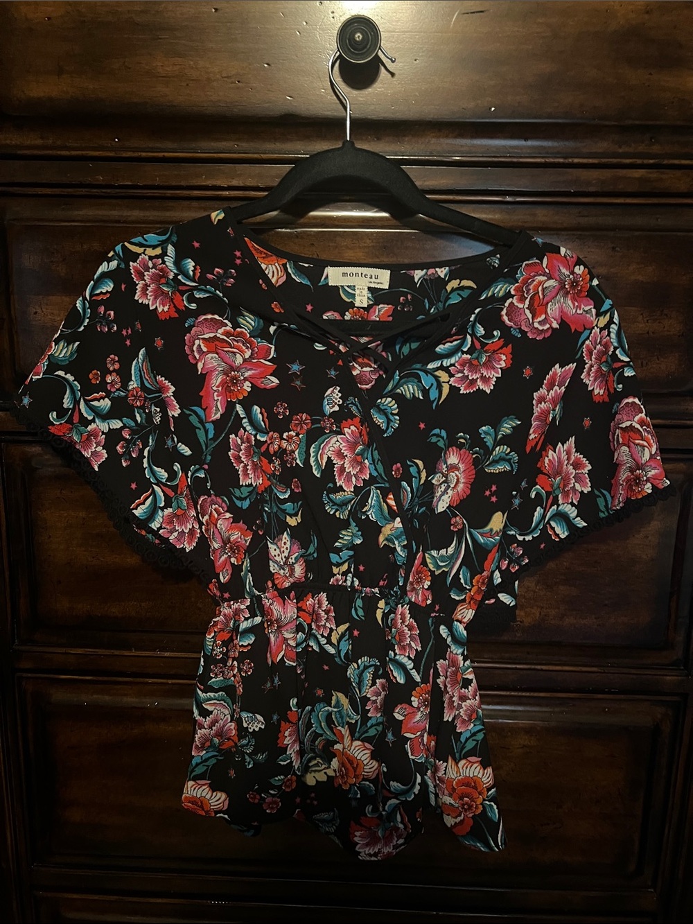 Monteau Black Floral Tie-Front Peplum Blouse with Pink and Teal Accents